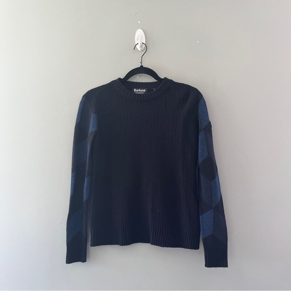 Barbour Navy Blue Grid Sweater Pullover Knit Wool Size 8